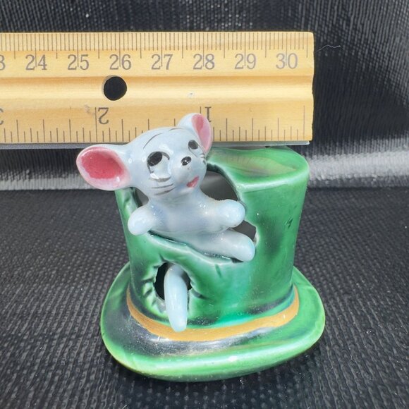 Vintage Small Mouse In Green Top Hat Toothpick Holder Ceramic Made In Japan VTG - Picture 3 of 9